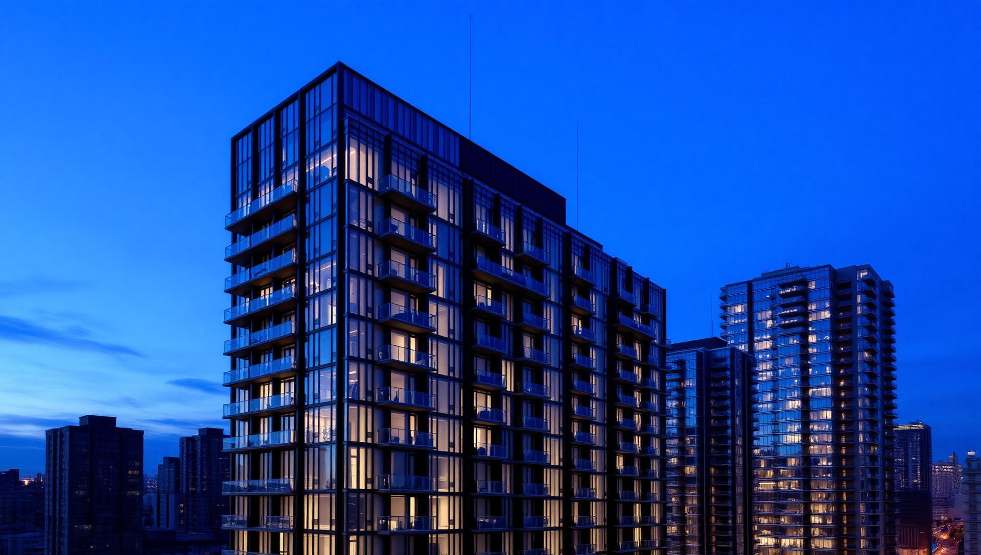 Luxury multifamily building at dusk